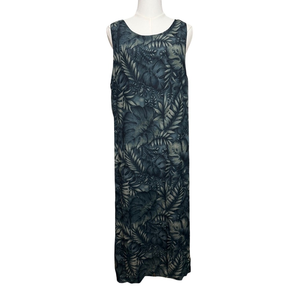 Valerie Stevens Petites 100% Silk Tropical Leaf Maxi Dress Green 12P Sleeveless